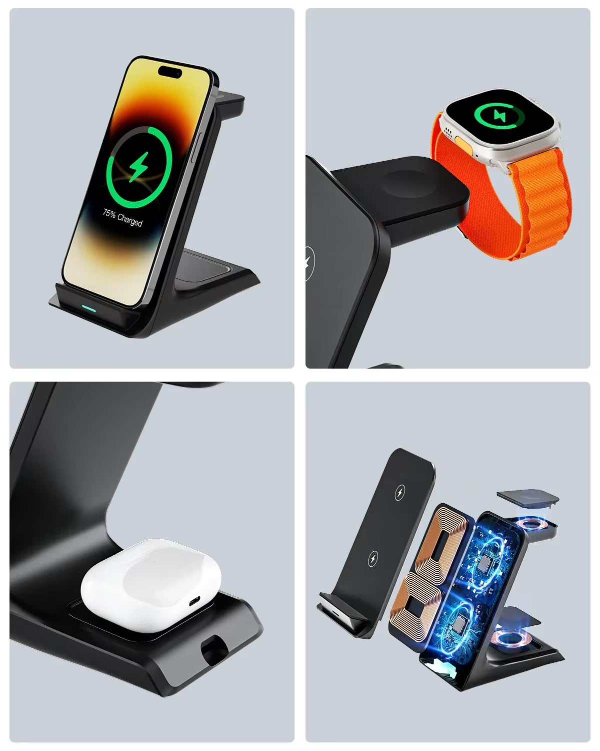 3 in 1 Wireless Charger Stand Fast Charging Station Dock for Iphone 16/15/14/13 Pro Max Apple Iwatch 9/8/7/6/5 Airpods 3/2