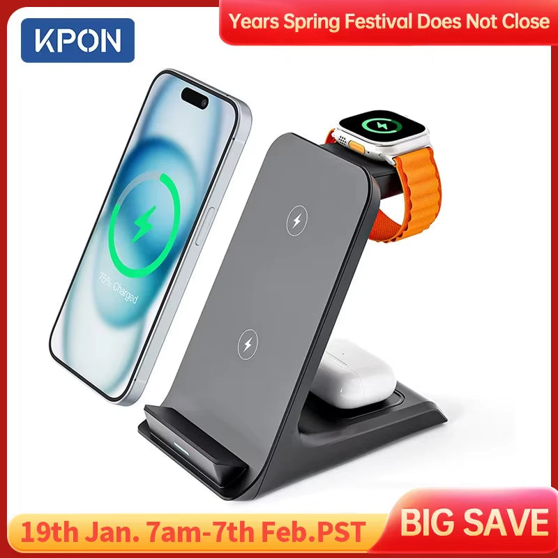 3 in 1 Wireless Charger Stand Fast Charging Station Dock for Iphone 16/15/14/13 Pro Max Apple Iwatch 9/8/7/6/5 Airpods 3/2